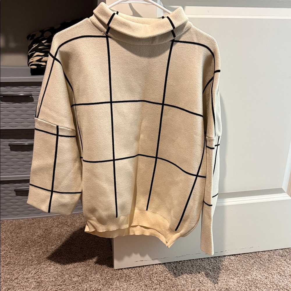 Cream Windowpane Turtleneck Sweater - Women's
